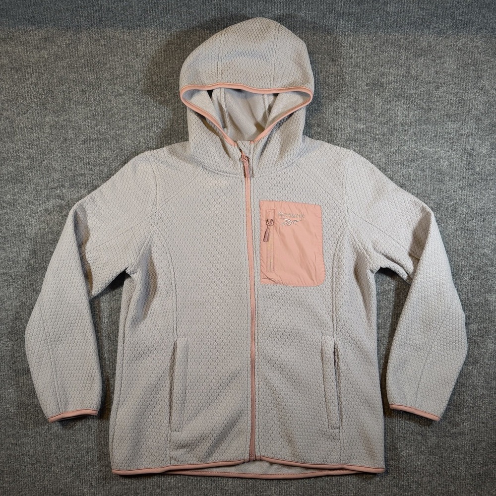 Reebok Womens L Gray & Pink Honeycomb Fleece Jacket Hooded Full Zip